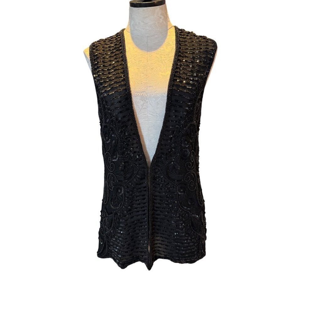 Niteline by Della Roufagali Womens Size Black Beaded Sequin Silk Vest Vintage
